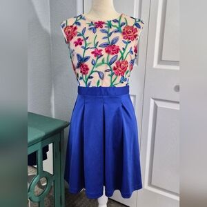 ​Floral Embroidered Royal Blue Cocktail Dress – Size Small